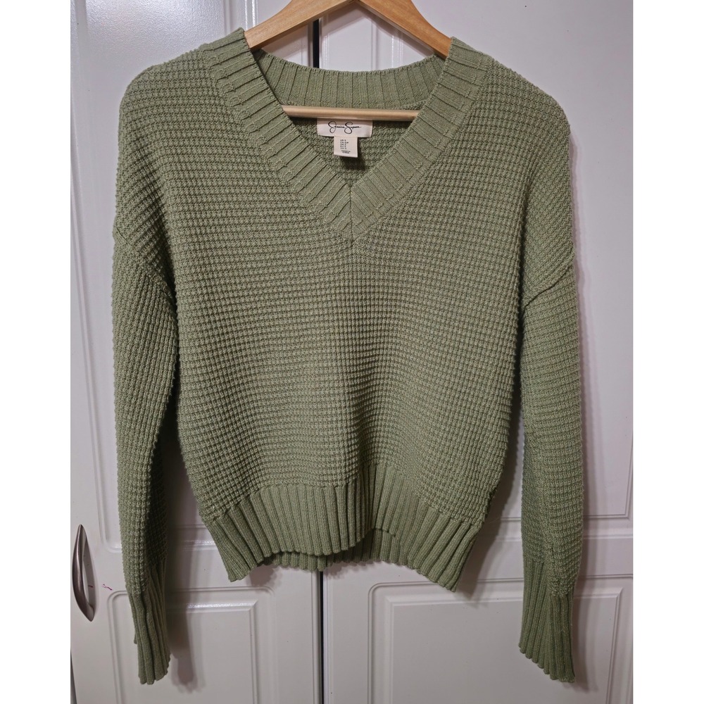 Jessica Simpson Womens Sage Green Waffle Knit V-Neck Sweater Size Small